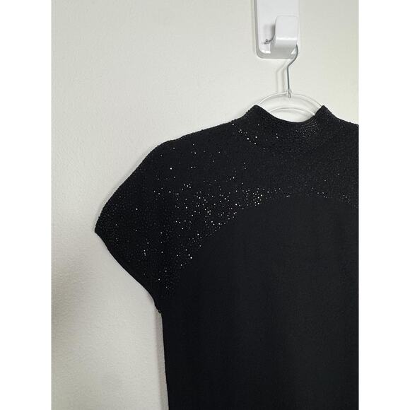 Reiss Dress Womens 6 Black Wool Knit Rhinestone Bodycon Cap Sleeve Modest - Picture 13 of 14